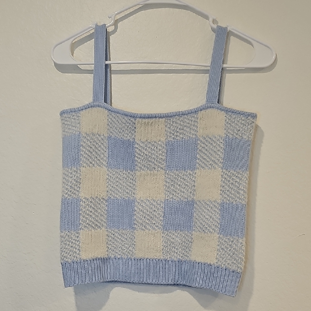 Blue and Cream Checkered Women's Top
